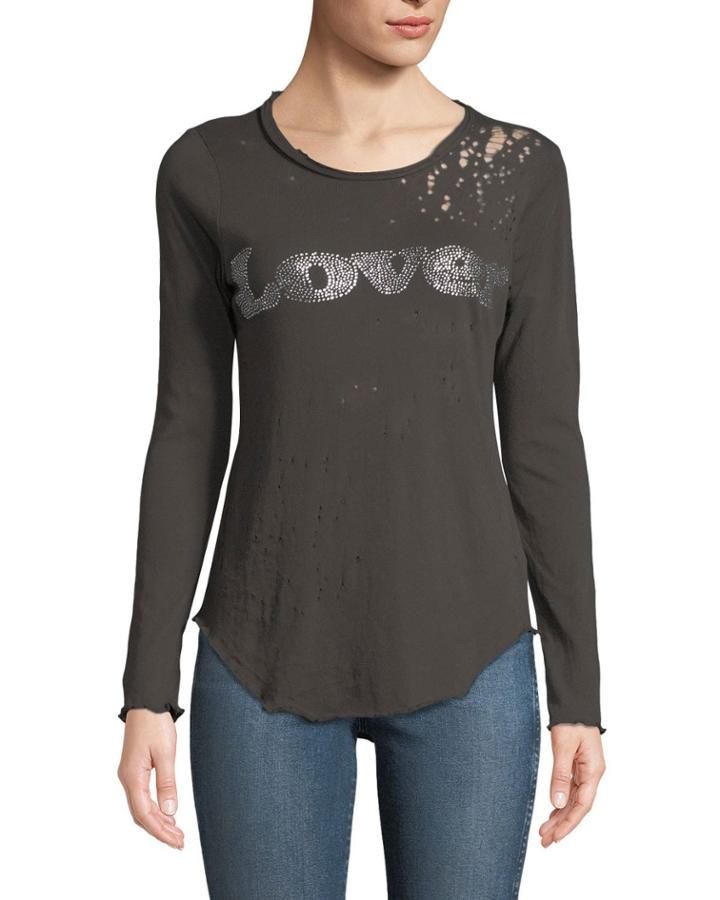Lover-rhinestone Long-sleeve Distressed Tee
