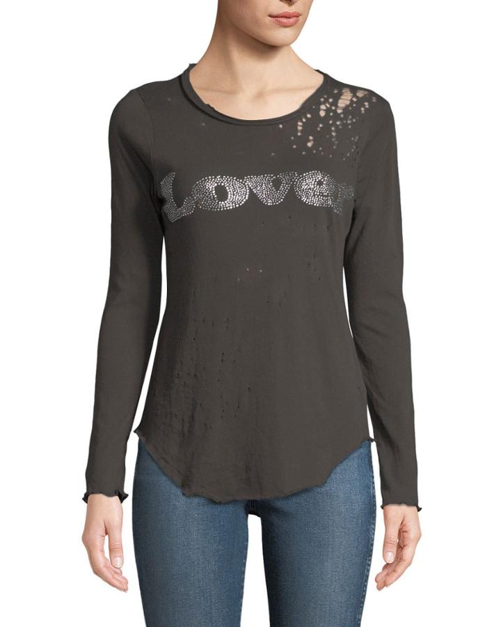 Lover-rhinestone Long-sleeve Distressed Tee