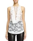 Lace-up Ruffled Bib Lace Top, White
