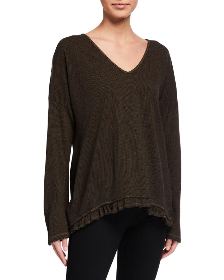 Velvet-trim Top W/ Ruffle Hem