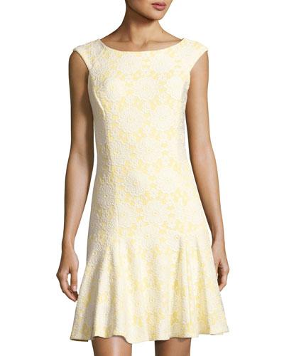 Cap-sleeve Drop-waist Flared Dress, Yellow/white