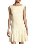 Cap-sleeve Drop-waist Flared Dress, Yellow/white