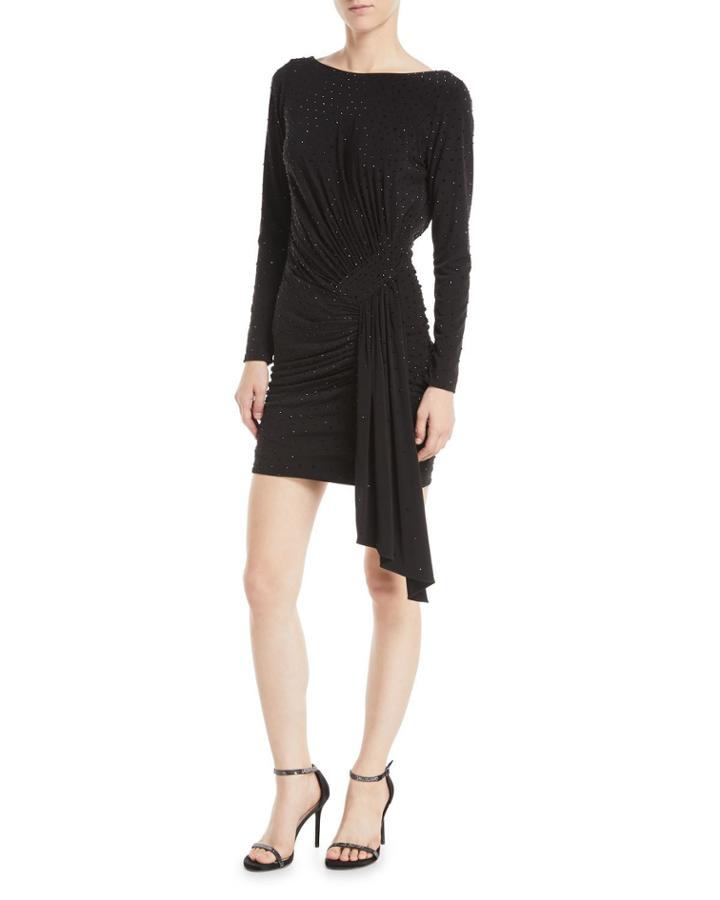 Long-sleeve Shirred Low-back Cocktail Dress