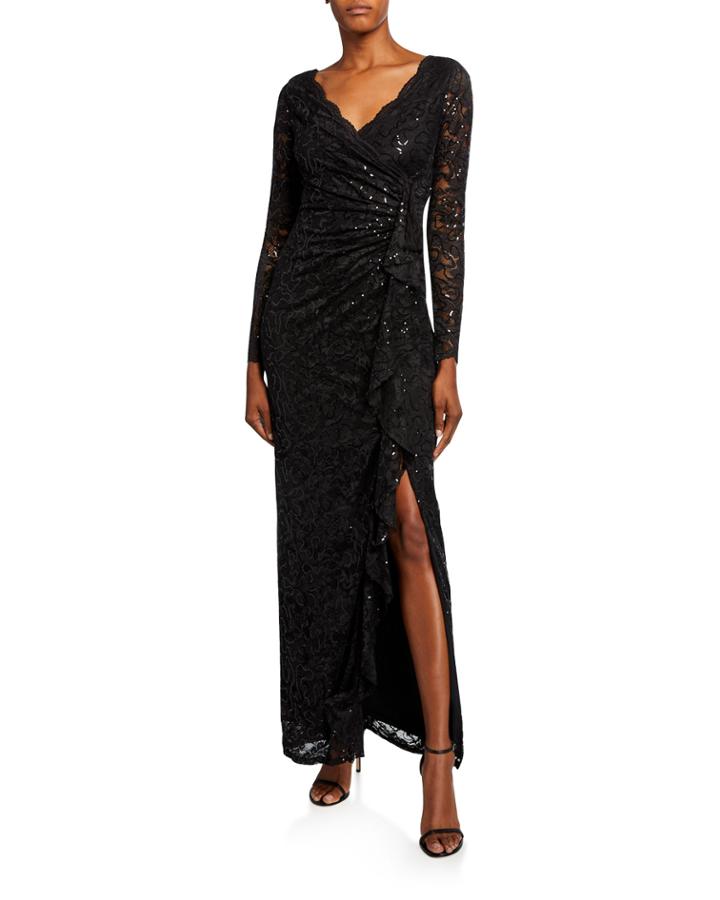 Lace Shirred Cascading Ruffle Gown