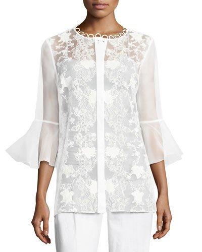 Avon Bell-sleeve Embroidered Organza Blouse, White