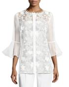 Avon Bell-sleeve Embroidered Organza Blouse, White