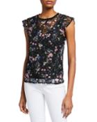 Floral-print Knit Lace Cap-sleeve Top