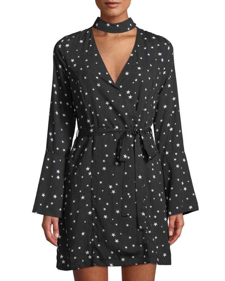 Star-print Choker-neck Wrap Dress