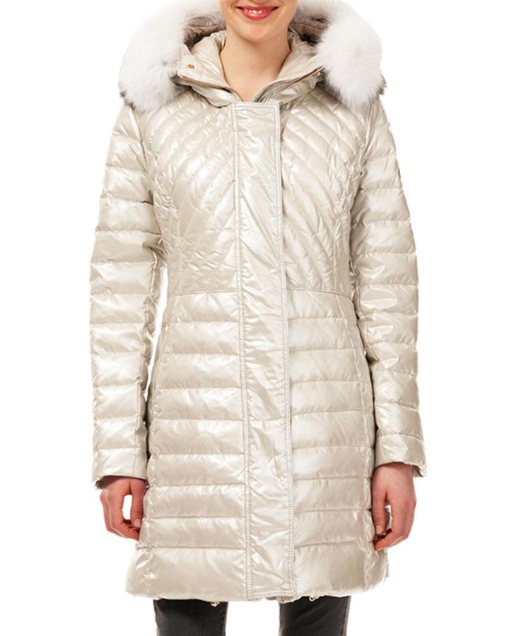 Zip-front Quilted Puffer Apres-ski Jacket W/ Detachable Fox Hood Trim