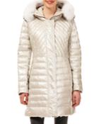 Zip-front Quilted Puffer Apres-ski Jacket W/ Detachable Fox Hood Trim