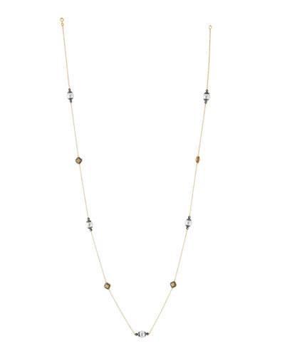 Long Pearly & Crystal Clover Station Necklace,