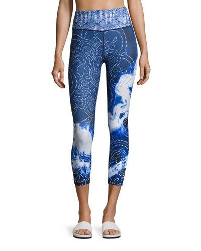 Floral Batik-print Smoothie Leggings, Blue/white