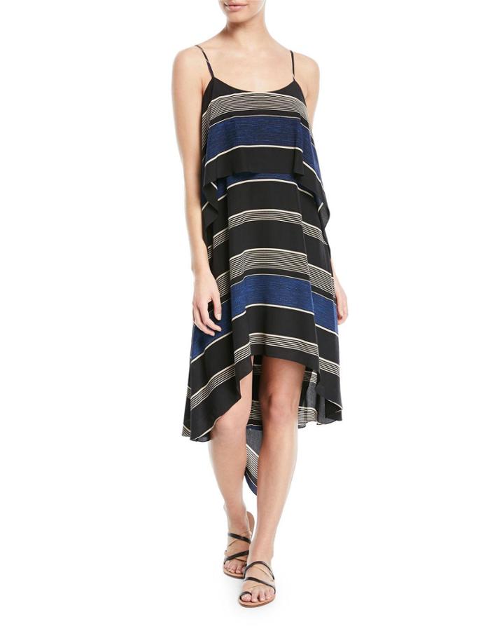 Stripe-printed Layered Flounce Sleeveless Dress