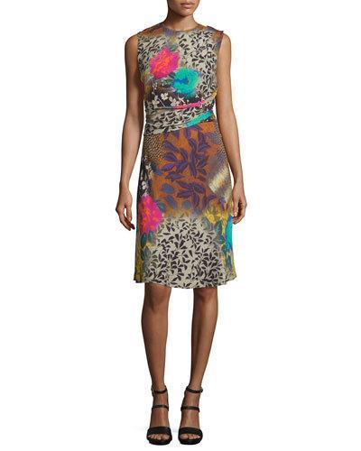 Draped Floral Sleeveless Dress,
