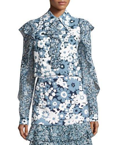 Floral Ruffled-trim Blouse, Blue/pattern