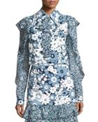 Floral Ruffled-trim Blouse, Blue/pattern