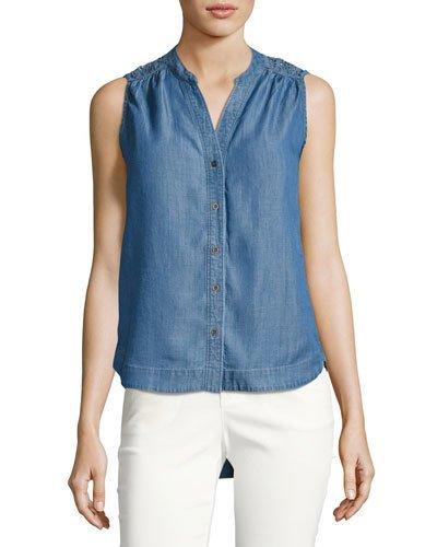Sleeveless High-low Button-front Top, Blue