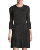 3/4-sleeve Pleated-skirt Sweaterdress, Dark Gray