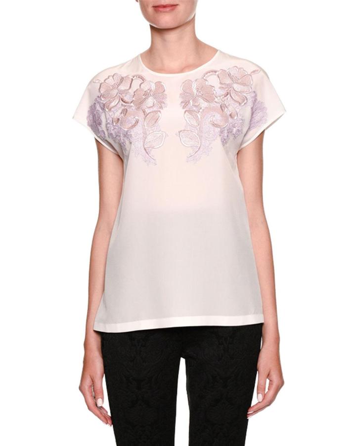 Crewneck Cap-sleeve Silk Blouse W/