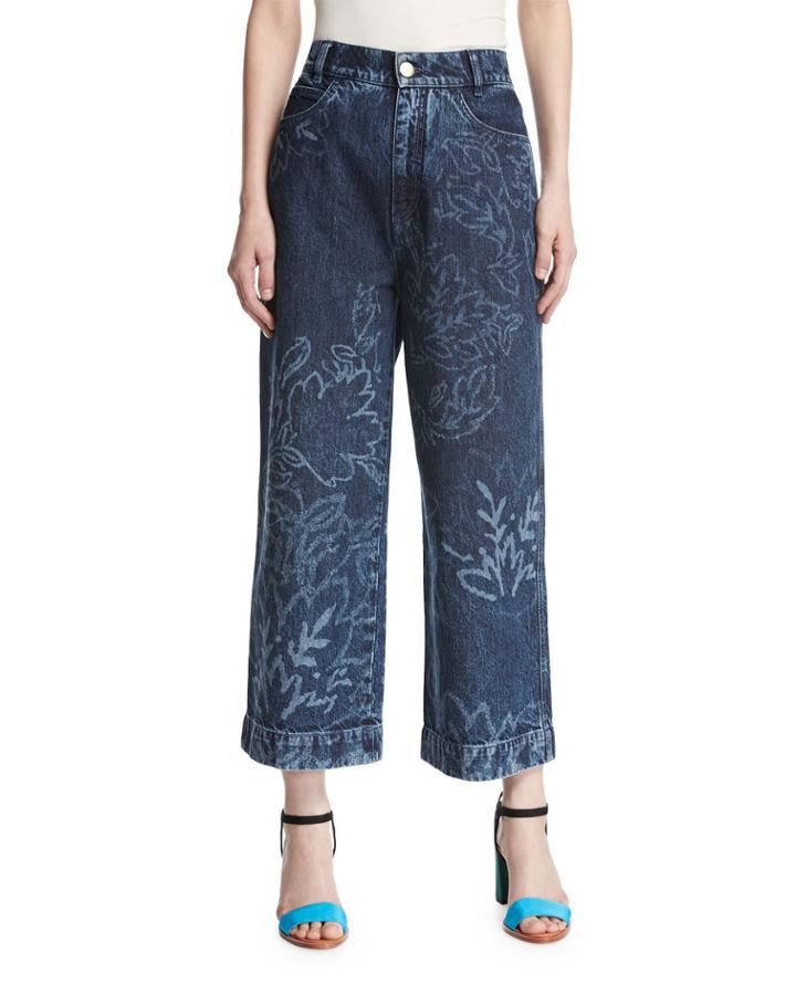 Floral Wide-leg Culotte Jeans, Navy