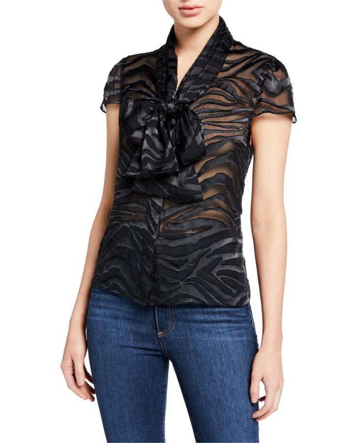 Jeannie Bow-collar Cap-sleeve Button-down Top