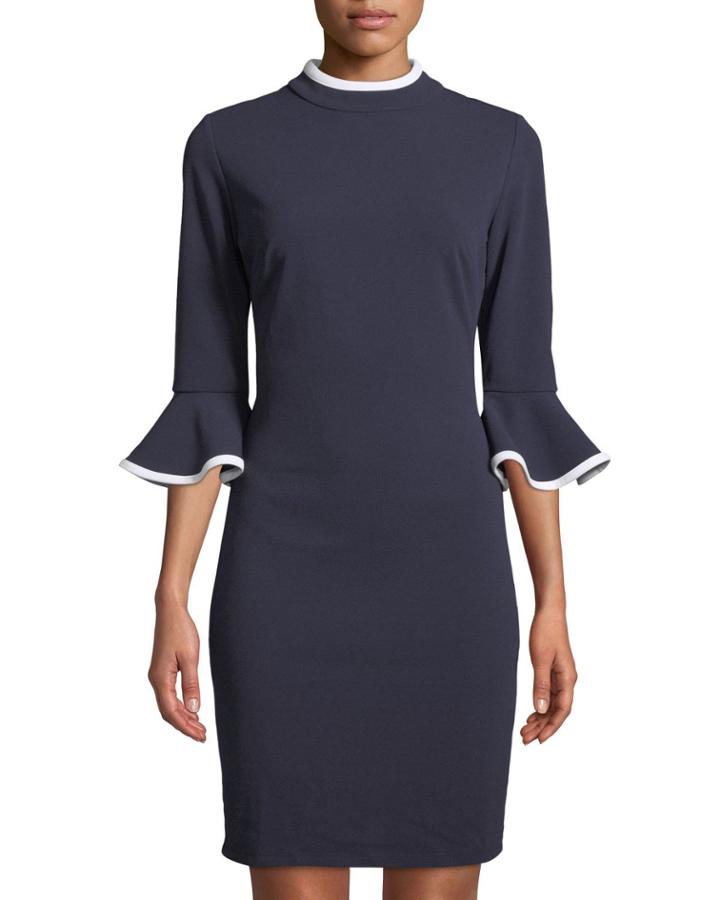 Piped Flare-sleeve Mock-neck