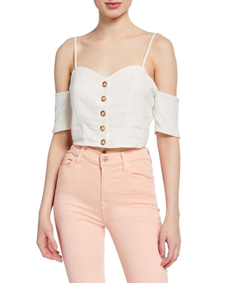Sweetheart Button-front Cold-shoulder Crop Top