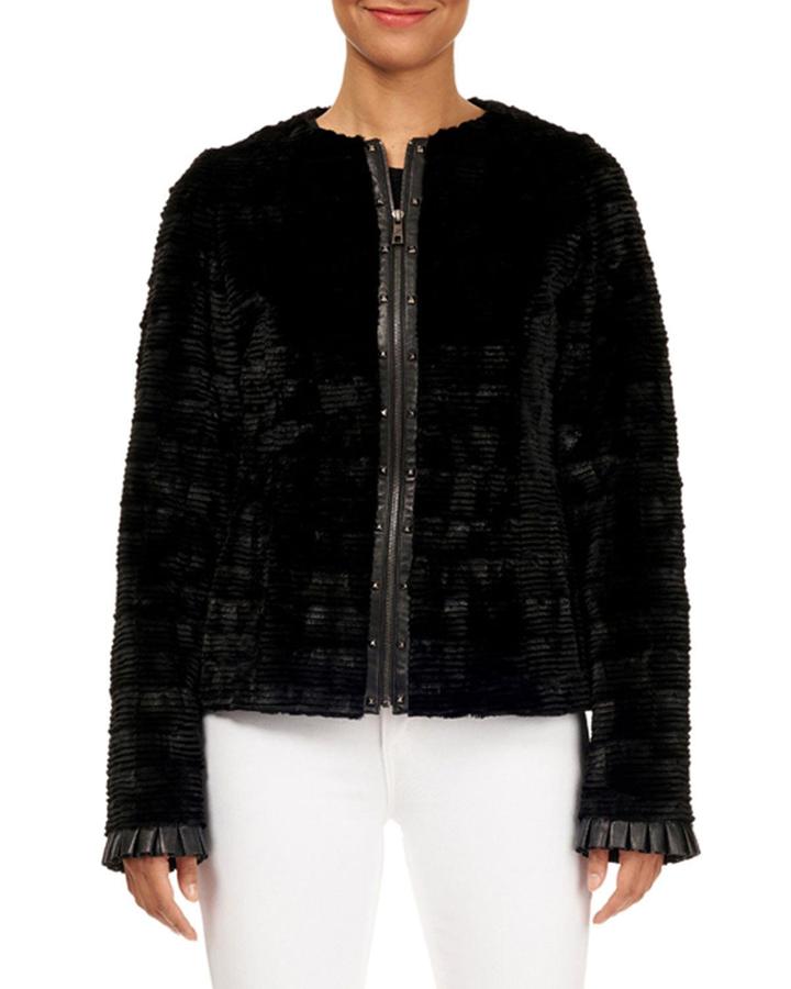 Grooved Mink Stud-trim Bomber Jacket
