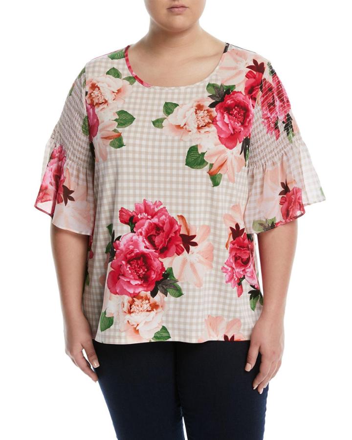 Smocked-sleeve Floral & Gingham Blouse,