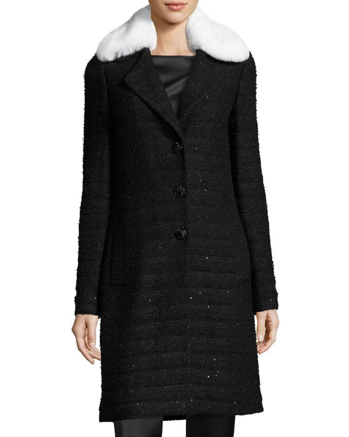Textural Sequin Knit Topper W/ Detachable Fur Collar