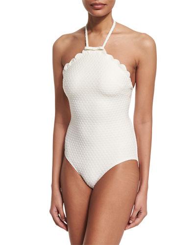 Jacquard Polka-dot Scalloped One-piece