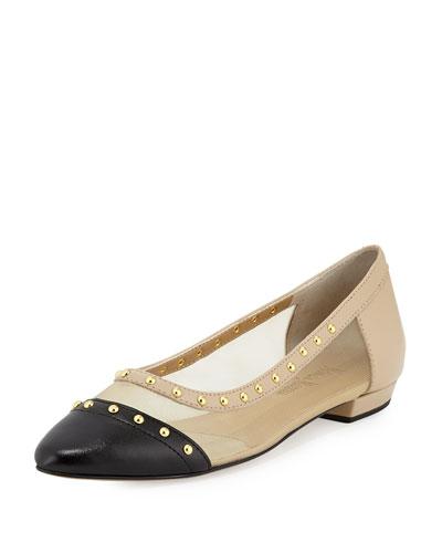 Gertrud Studded Leather & Mesh Flat, Beige/pudding/black