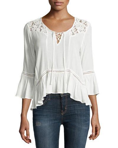 Lace-yoke 3/4-sleeve Blouse, White