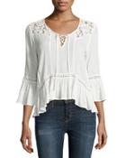 Lace-yoke 3/4-sleeve Blouse, White
