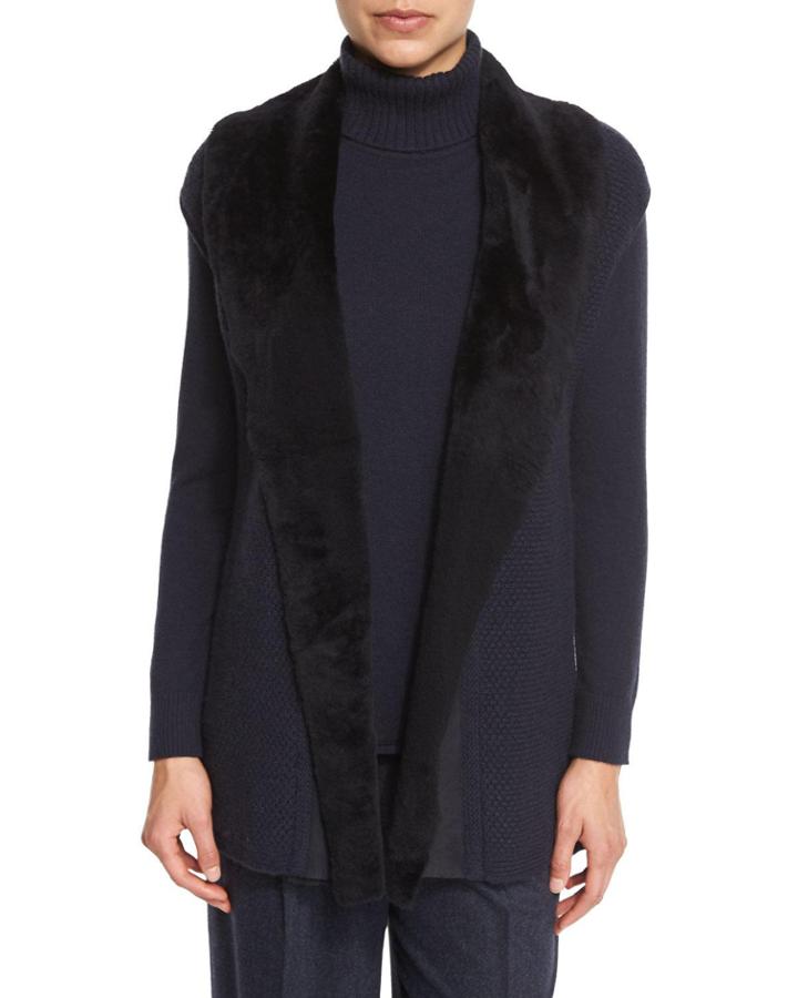 Long Cap-sleeve Vest W/ Fur Collar, Ink,