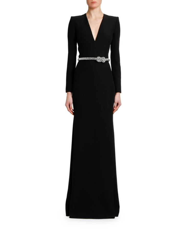 Crystal-belted V-neck Long-sleeve Gown