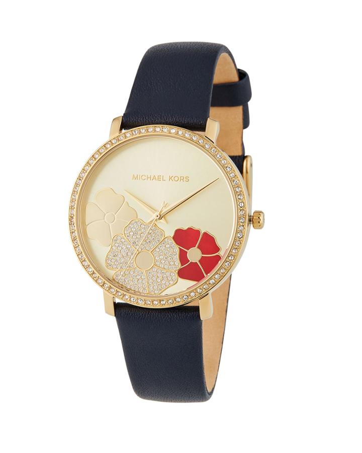 38mm Jaryn Crystal 3-flower Leather Watch, Yellow Golden