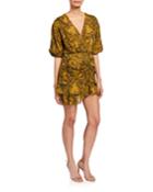 Electra Snake-print V-neck Ruched Short Wrap Dress