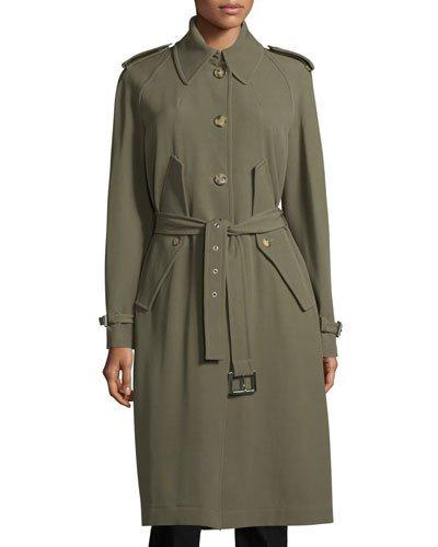Button-front Belted Trench Coat, Juniper