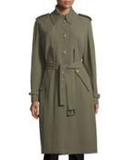 Button-front Belted Trench Coat, Juniper