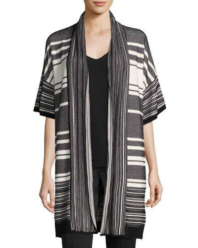 Multi-stripe Short-sleeve Cardigan, Black/white