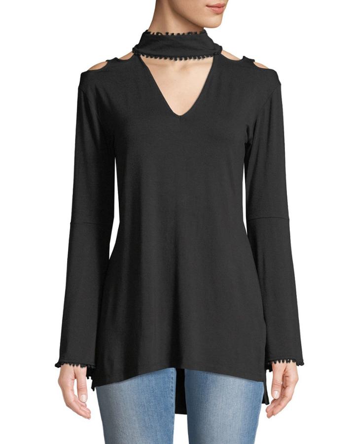 Pompom High-neck Cold-shoulder Blouse