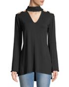 Pompom High-neck Cold-shoulder Blouse