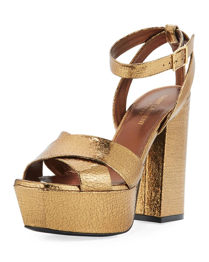 Farrah Crackled Metallic Leather Platform Sandals, Bronze