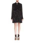 Embroidered Pintucked Long-sleeve Dress, Black