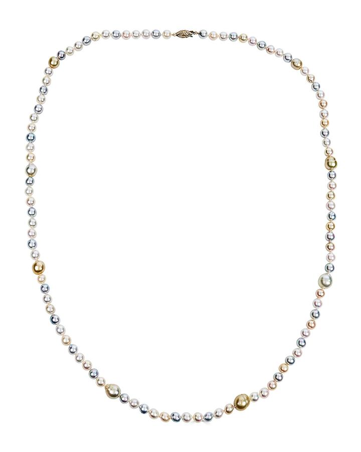 14k Yellow Gold Long Akoya And South Sea Pearl Necklace