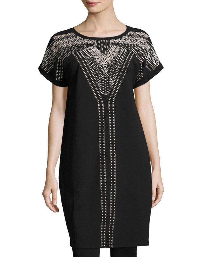 Havana Nights Short-sleeve Embroidered Tunic Dress,