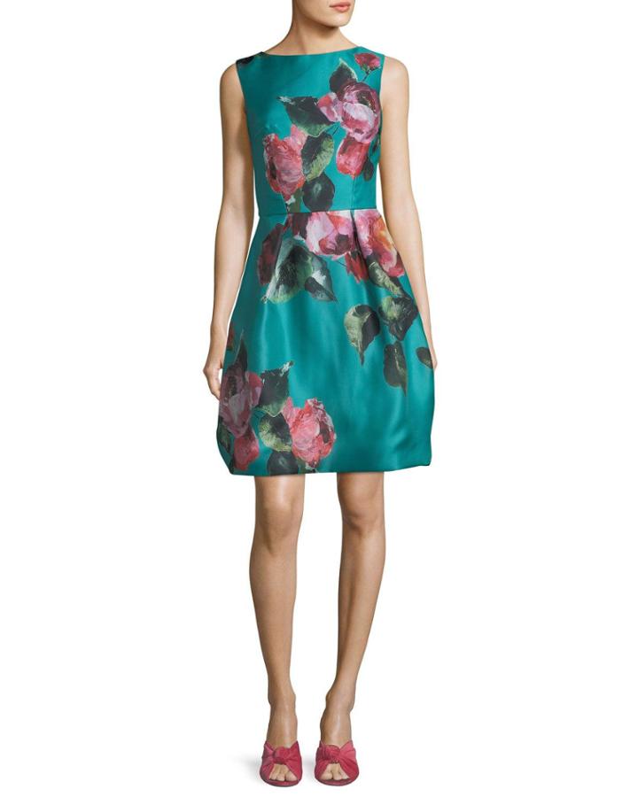 High-neck Sleeveless Floral-print Cocktail Dress
