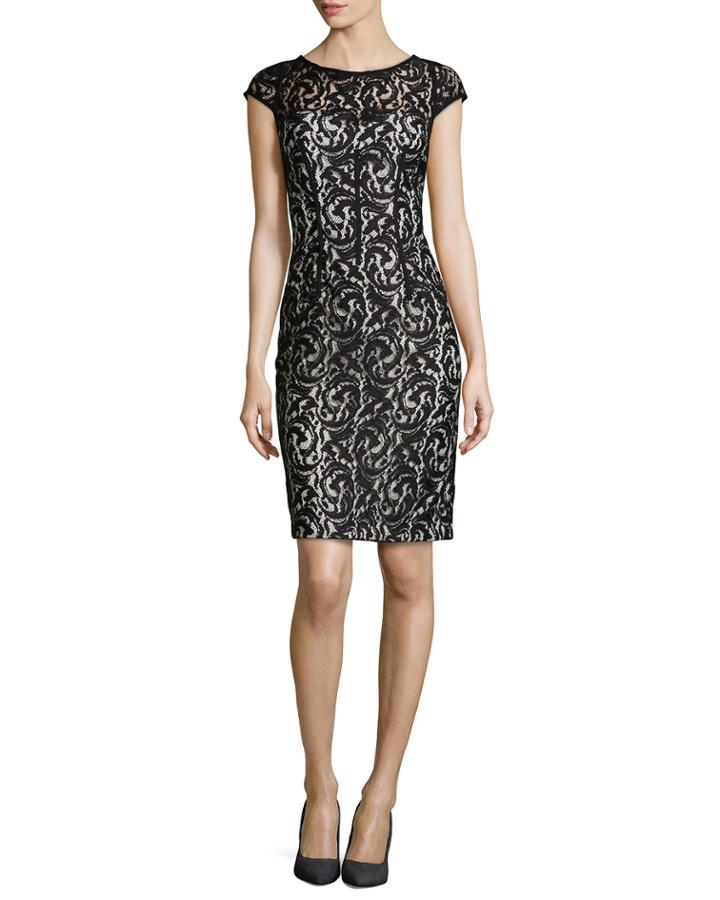 Ml Monique Lhuillier Cap Sleeve Lace Overlay Cocktail Dress, Black/white,