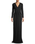 V-neck Long-sleeve Twist-front Column Evening Gown